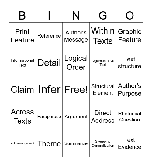 STAAR Vocabulary Bingo Card