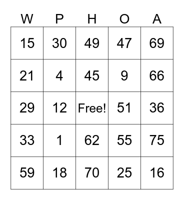 WASSHINTON PLACE Bingo Card