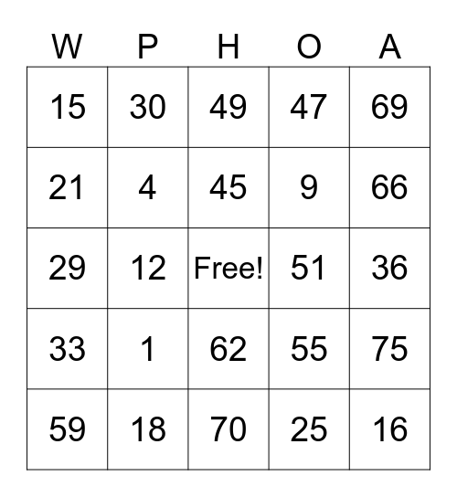 WASHINGTON PLACE Bingo Card