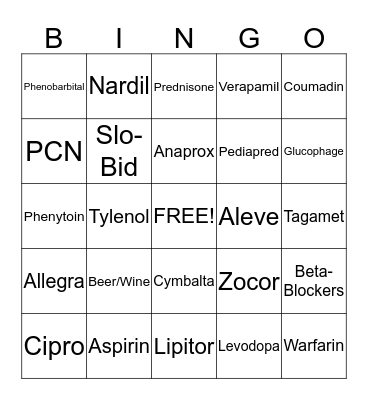 Food and Drug Interactions Bingo Card