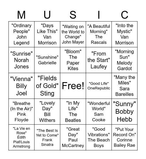 Morning Coffee Songs Bingo Card