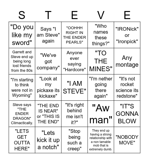 Minecraft Movie Bingo Card