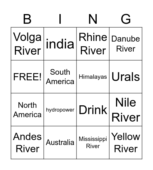 Gages River Bingo Card