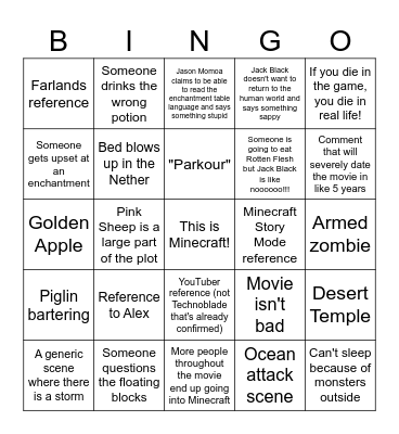 Minecraft Movie Predictions Bingo 2 Bingo Card