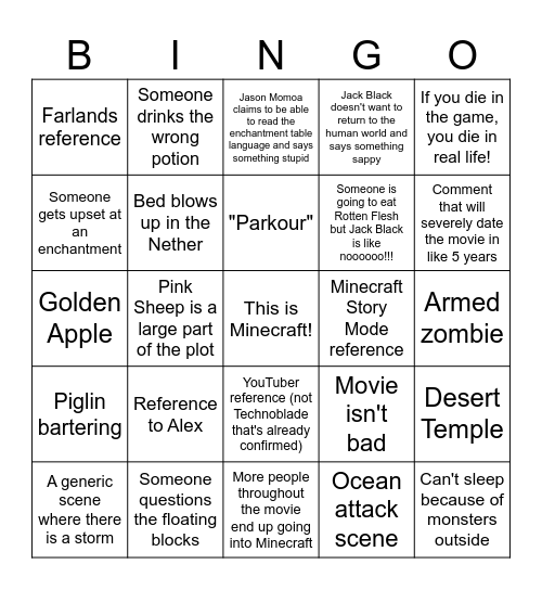 Minecraft Movie Predictions Bingo 2 Bingo Card