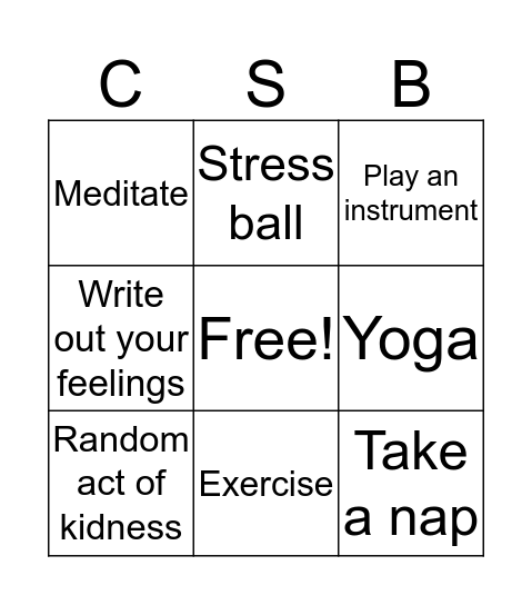 Coping Skills Bingo Card