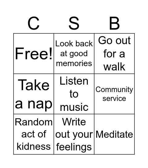 Coping Skills Bingo Card