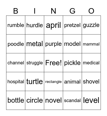 Consonant -le Bingo Card