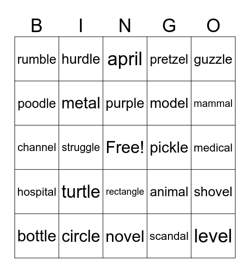 Consonant -le Bingo Card