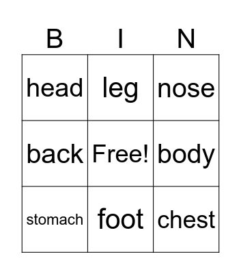 Parts of the Body Bingo Card