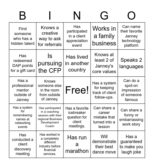 FADP Networking Bingo Card