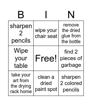 clean-up Bingo Card