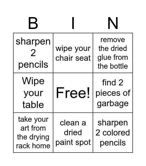 clean-up Bingo Card