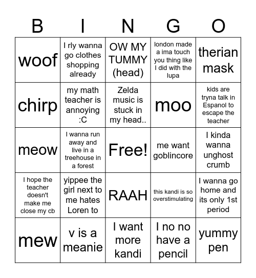 1st period thoughts Bingo Card