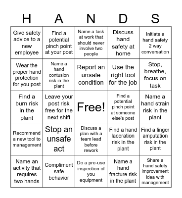 Hand Safety Bingo Card