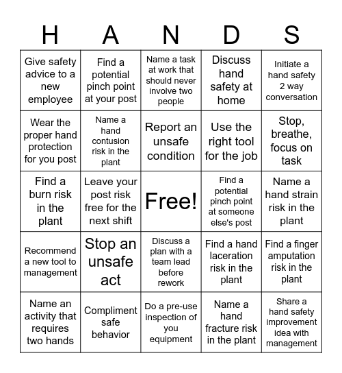 Hand Safety Bingo Card