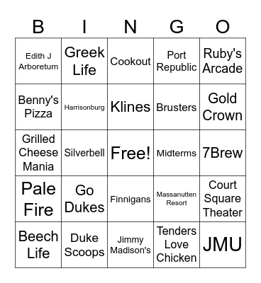 Harrisonburg/Copper/JMU Bingo Card