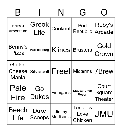 Harrisonburg/Copper/JMU Bingo Card