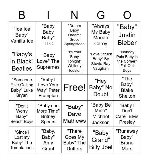 Baby Song Bingo Card