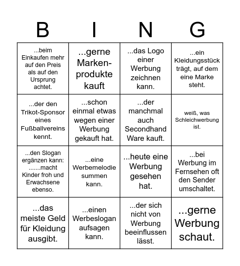 WERBUNG - Finde jemanden, der / die Bingo Card