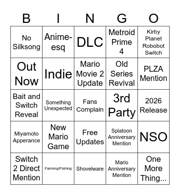 Nintendo Direct 3/27/25 Bingo Card