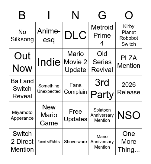 Nintendo Direct 3/27/25 Bingo Card