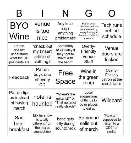 Dreamboat Gig / Merch Bingo Card