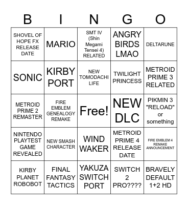 NINTENDO DIRECT MARCH 27TH 2025 Bingo Card