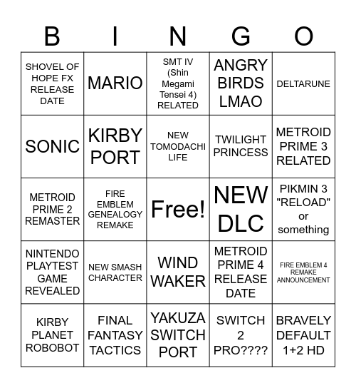 NINTENDO DIRECT MARCH 27TH 2025 Bingo Card