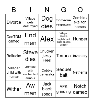 Minecraft movie Bingo Card