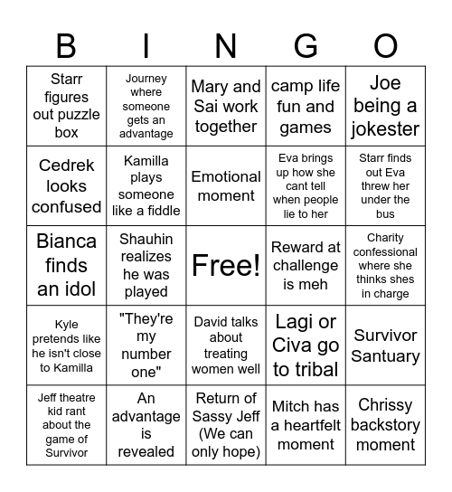 Survivor Bingo Card