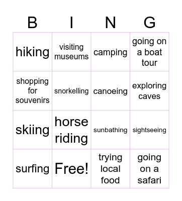 OUTDOOR ACTIVITIES Bingo Card