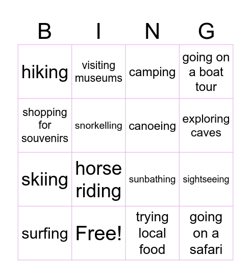 OUTDOOR ACTIVITIES Bingo Card