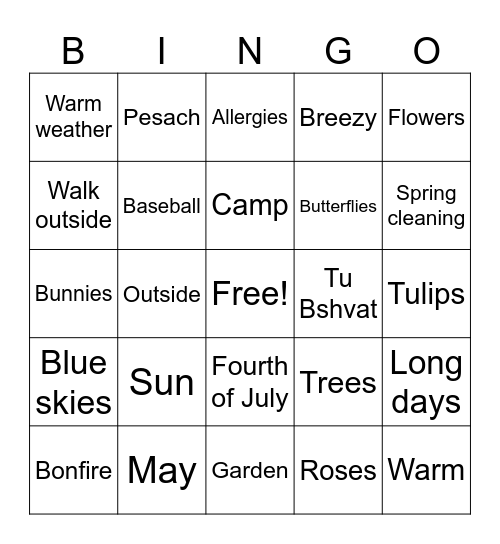 Spring and Summer Bingo Card
