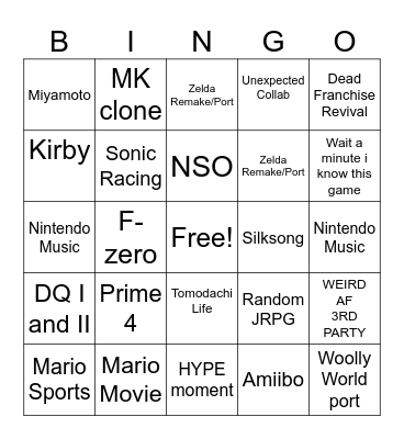 Nintendo Direct Bingo Card