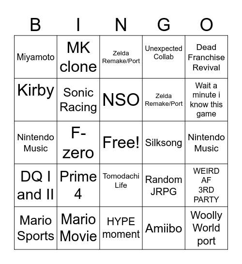 Nintendo Direct Bingo Card