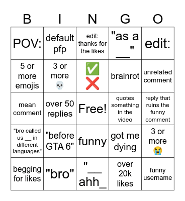 YouTube shorts comments Bingo Card