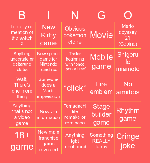 Nintendo direct 27/3/2025 bingo! Bingo Card