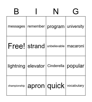 syllables Bingo Card
