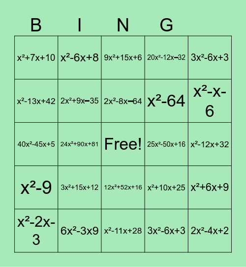 Multiplying Binomials Bingo Card