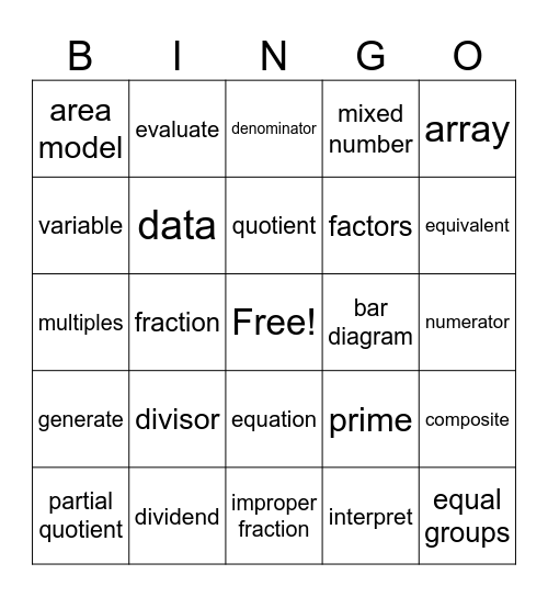Math Vocabulary Bingo Card