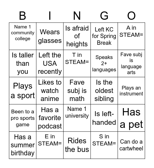 GEAR UP Bingo Card