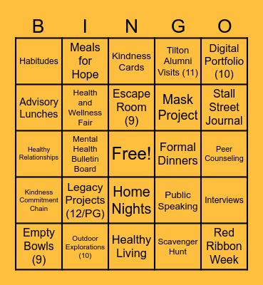 Tilton School Bingo! Bingo Card