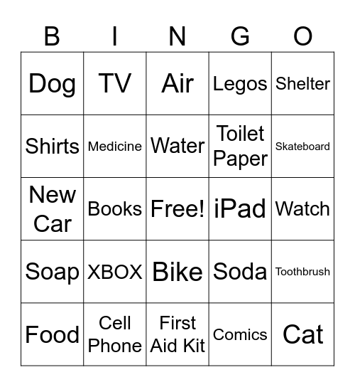 Needs Vs. Wants Bingo Card