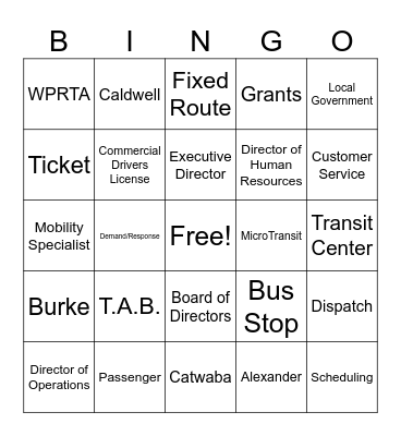 Greenway Public Transportation Bingo Card