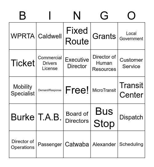 Greenway Public Transportation Bingo Card