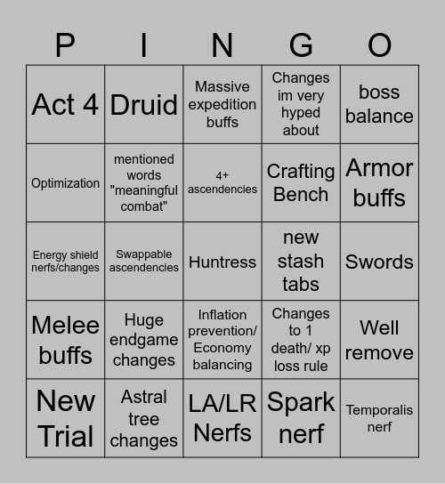 poe 2 PINGO Bingo Card