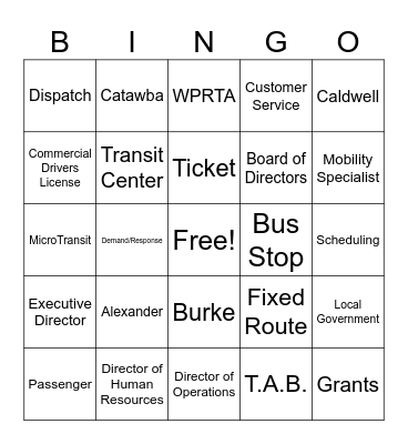 Greenway Public Transportation Bingo Card