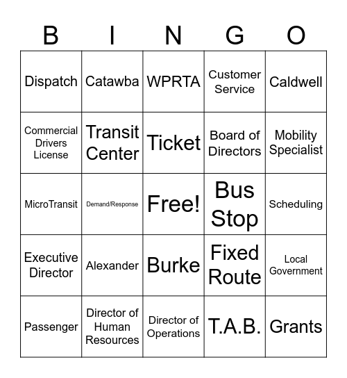 Greenway Public Transportation Bingo Card