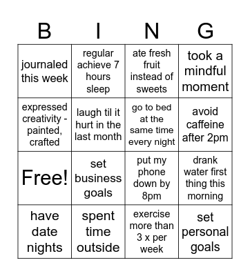 wellbeing bingo Card